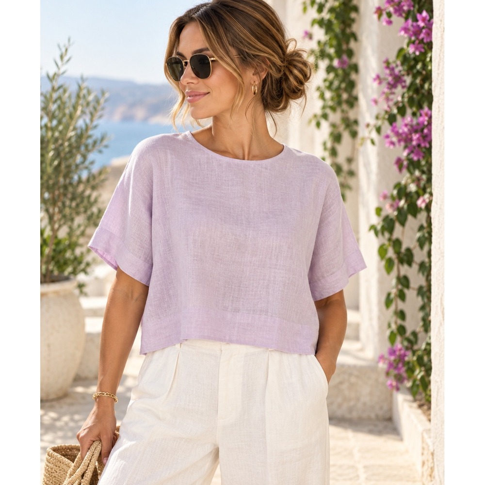 Favorite Daughter Easy Breezy Linen Top M Wisteria Musk Lilac Cropped Boxy